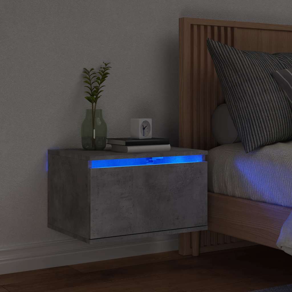 Comodino a Parete con Luci LED-Tavolino da notte sospeso Grigio Cemento 755468