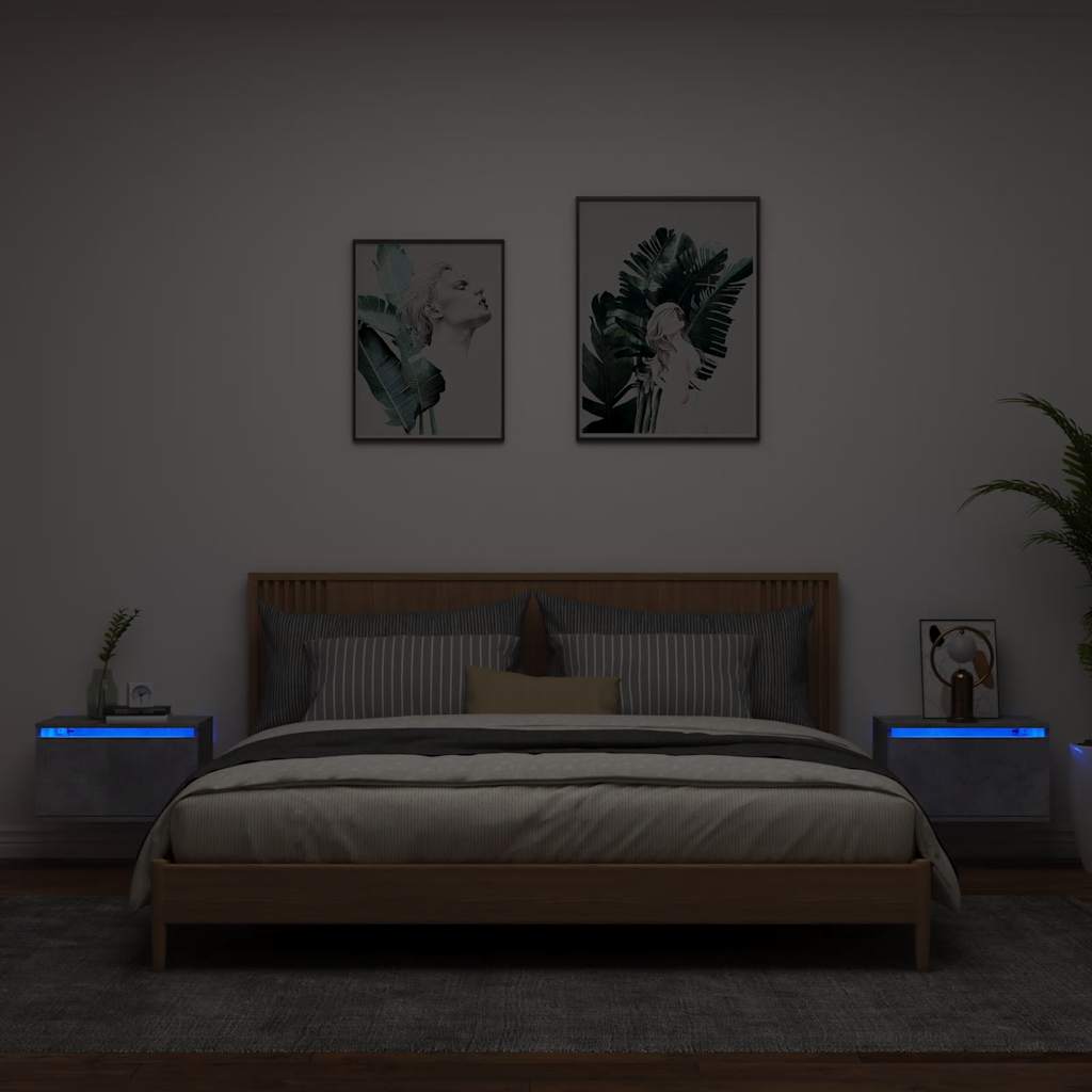 Comodini a Parete con Luci LED 2 pz-Set di 2 Tavolino da notte Grigio Cemento 739597