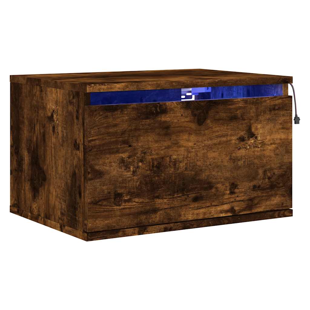 Comodino a Parete con Luci LED-Tavolino da notte sospeso Rovere Fumo 682374