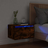 Comodino a Parete con Luci LED-Tavolino da notte sospeso Rovere Fumo 682374