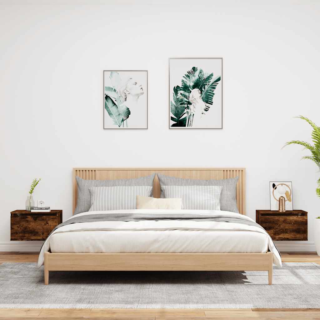 Comodini a Parete con luci LED 2 pz-Set di 2 Tavolino da notte Rovere Fumo 383309