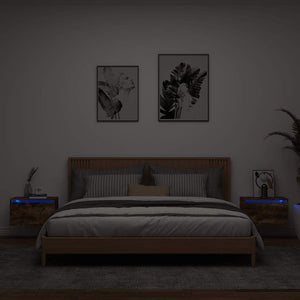 Comodini a Parete con luci LED 2 pz-Set di 2 Tavolino da notte Rovere Fumo 383309