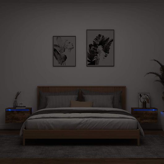 Comodini a Parete con luci LED 2 pz-Set di 2 Tavolino da notte Rovere Fumo 383309