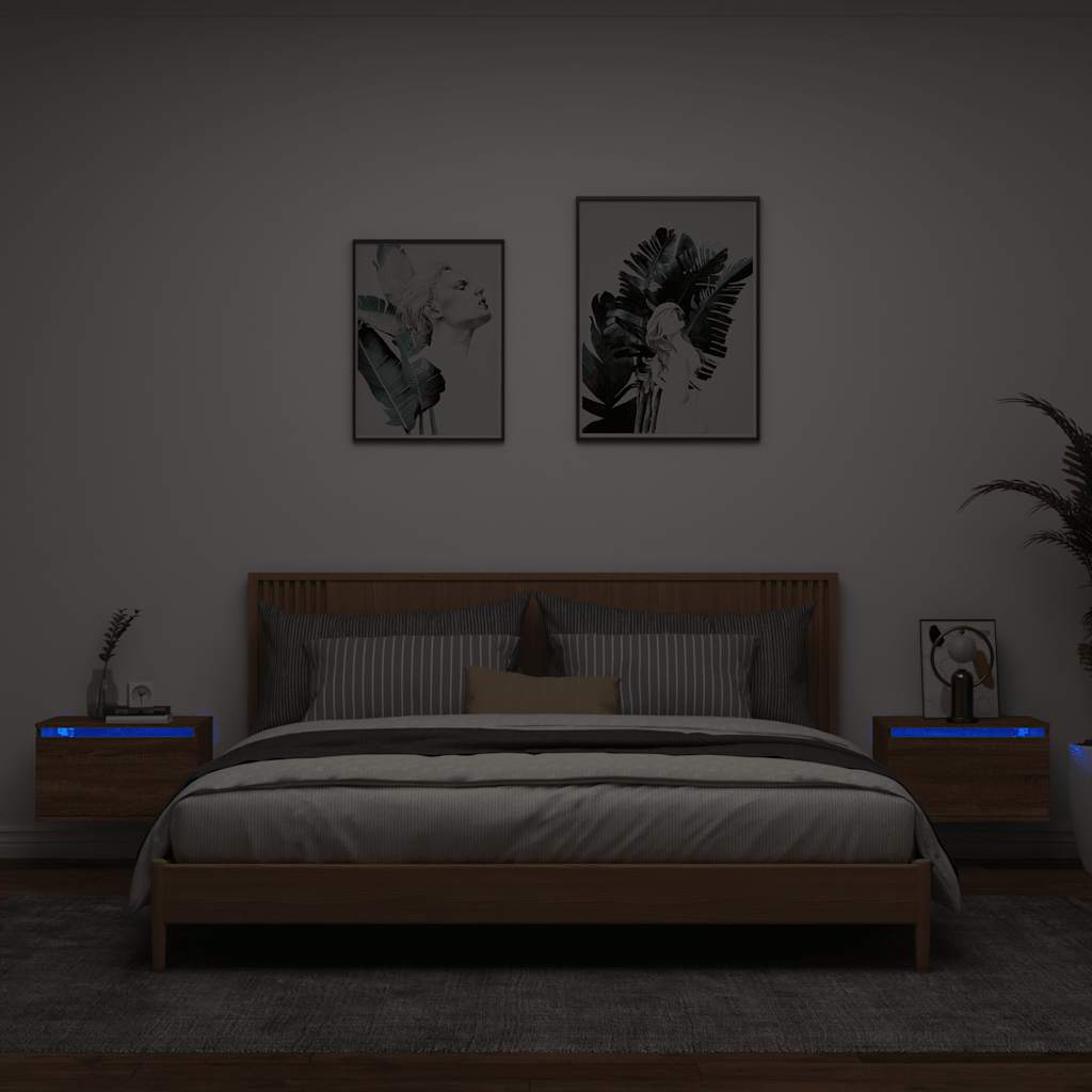Comodini a Parete con luci LED 2 pz-Set di 2 Tavolino da notte Rovere Marrone 552279