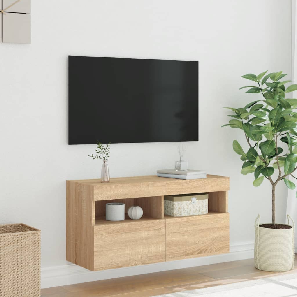 Mobile TV a Parete con Luci LED-Mobile TV a Muro Rovere Sonoma 80x30x40 cm