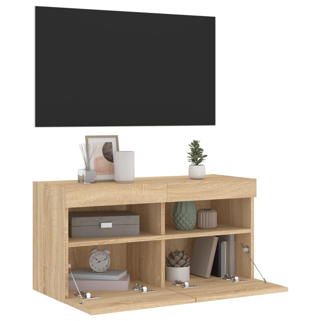 Mobile TV a Parete con Luci LED-Mobile TV a Muro Rovere Sonoma 80x30x40 cm