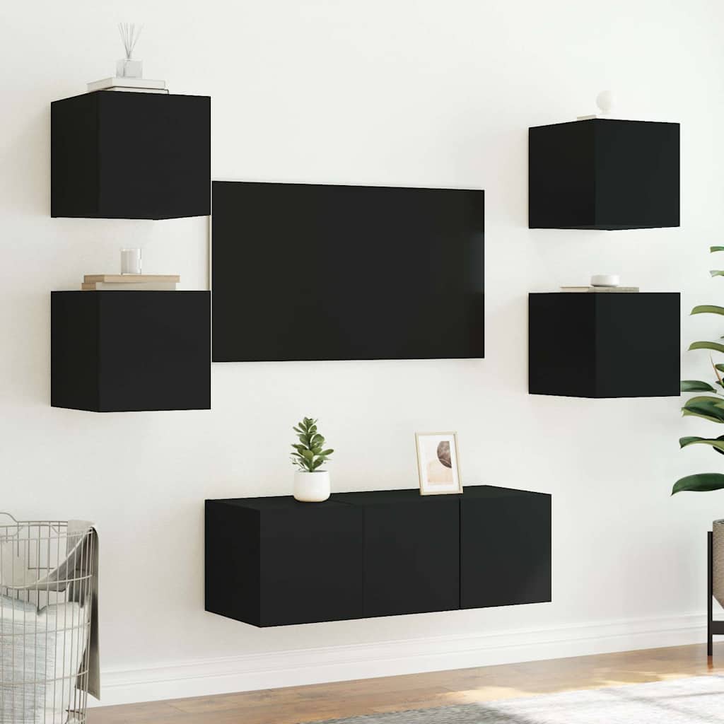 Mobili TV a Parete con Luci LED 2pz-Set di 2 Credenza per TV sospesa Neri 30,5x35x30 cm