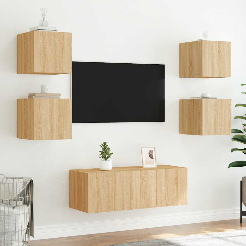Mobile TV a Parete con Luci LED-Mobile TV a Muro Rovere Sonoma 30,5x35x80 cm