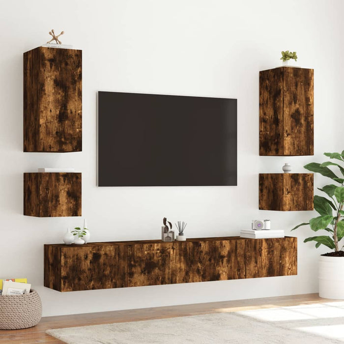 Mobile TV a Parete con Luci LED-Mobile TV a Muro Rovere Fumo 40,5x35x40 cm