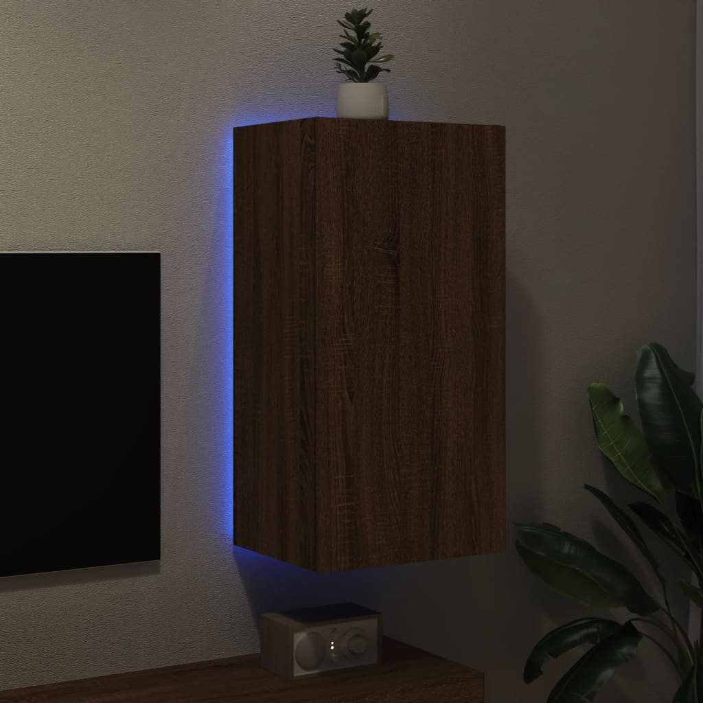 Mobile TV a Parete con Luci LED-Mobile TV a Muro Rovere Marrone 40,5x35x80 cm