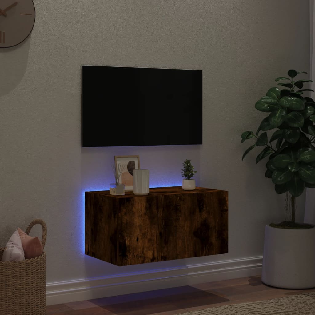 Mobile TV a Parete con Luci LED-Mobile TV a Muro Rovere Fumo 60x35x31 cm