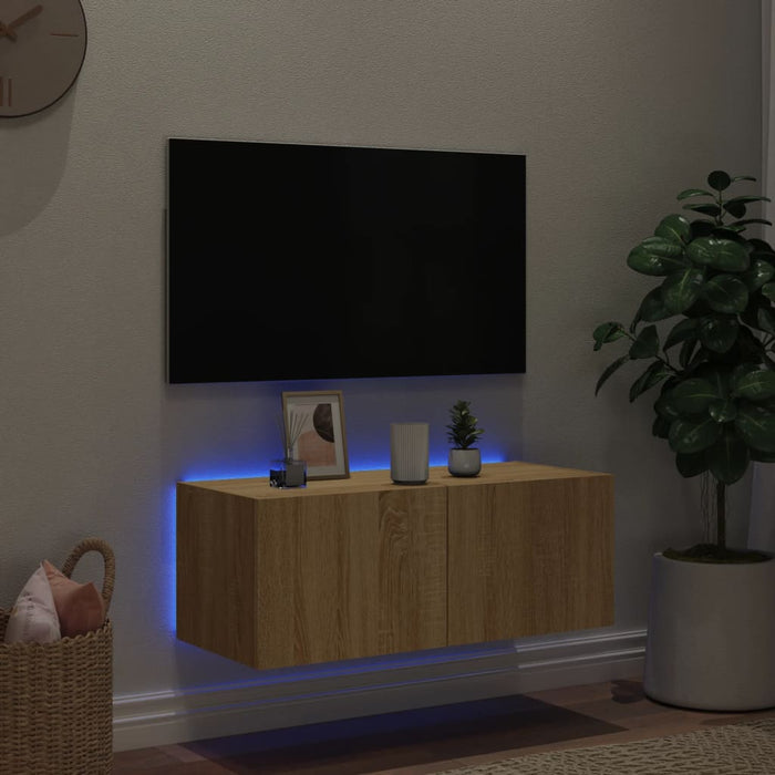 Mobile TV a Parete con Luci LED Rovere Sonoma 80x35x31 cm 837285