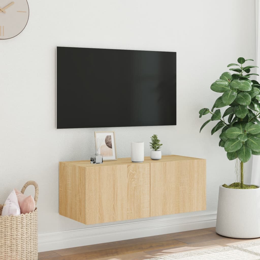 Mobile TV a Parete con Luci LED Rovere Sonoma 80x35x31 cm 837285