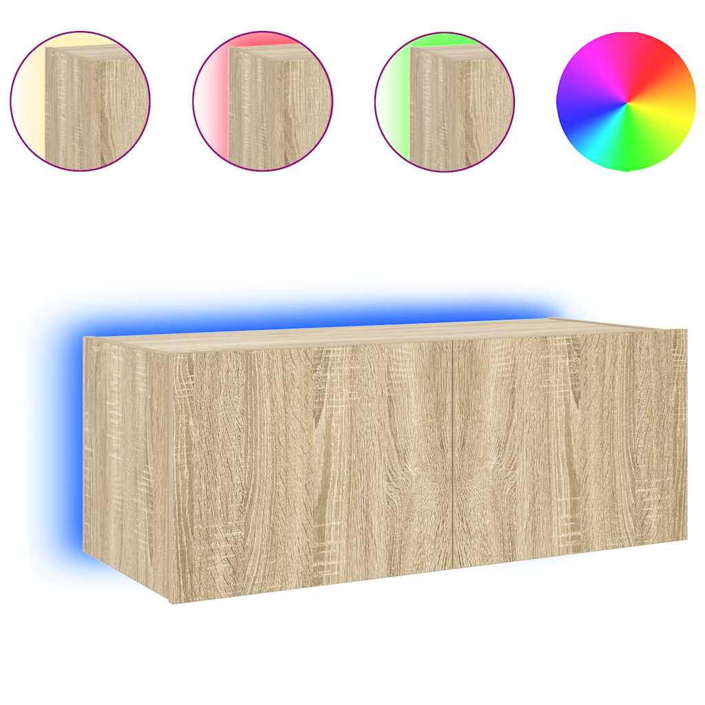 Mobile TV a Parete con Luci LED-Mobile TV a Muro Rovere Sonoma 80x35x31 cm