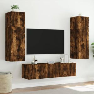 Mobile TV a Parete con Luci LED-Mobile TV a Muro Rovere Fumo 80x35x31 cm