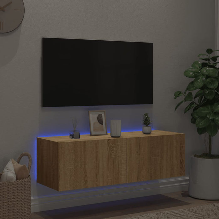 Mobile TV a Parete con Luci LED-Mobile TV a Muro Rovere Sonoma 100x35x31 cm