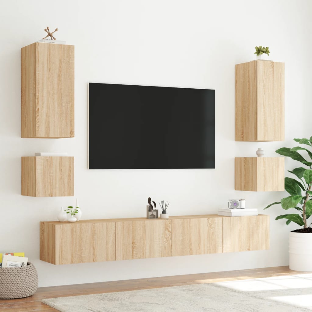 Mobile TV a Parete con Luci LED-Mobile TV a Muro Rovere Sonoma 100x35x31 cm