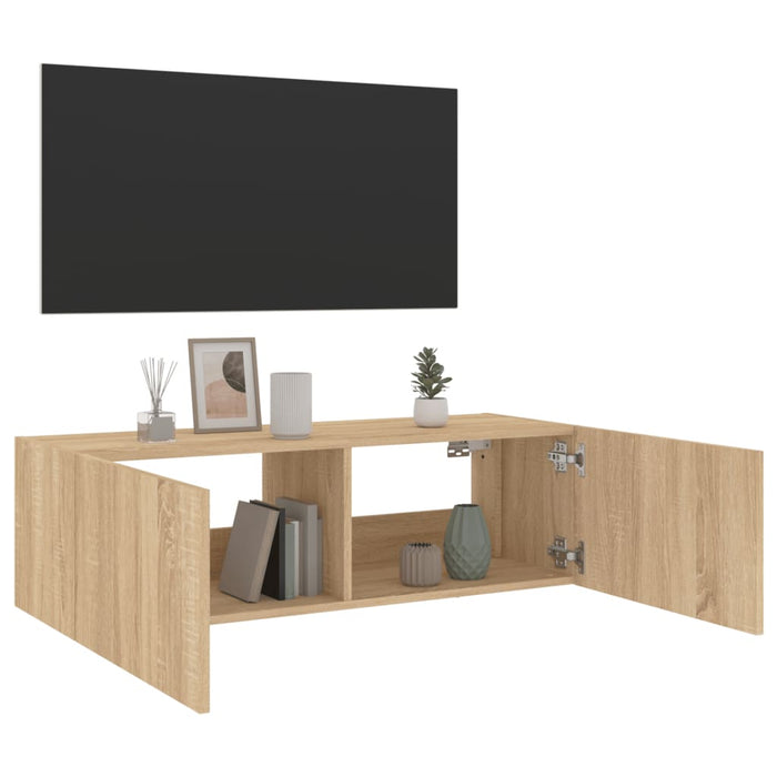 Mobile TV a Parete con Luci LED-Mobile TV a Muro Rovere Sonoma 100x35x31 cm