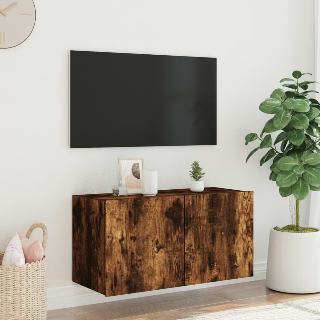 Mobile TV a Parete con Luci LED-Mobile TV a Muro Rovere Fumo 80x35x41 cm