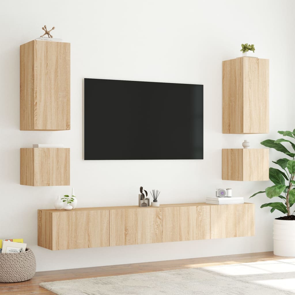 Mobile TV a Parete con Luci LED-Mobile TV a Muro Rovere Sonoma 100x35x41 cm