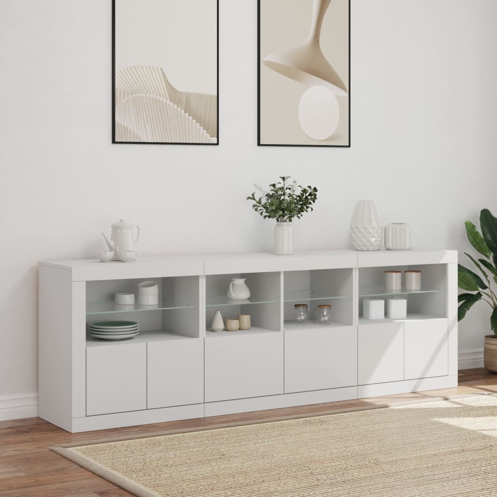 Credenza con Luci LED-Buffet-Armadio da cucina Bianca 202x37x67 cm