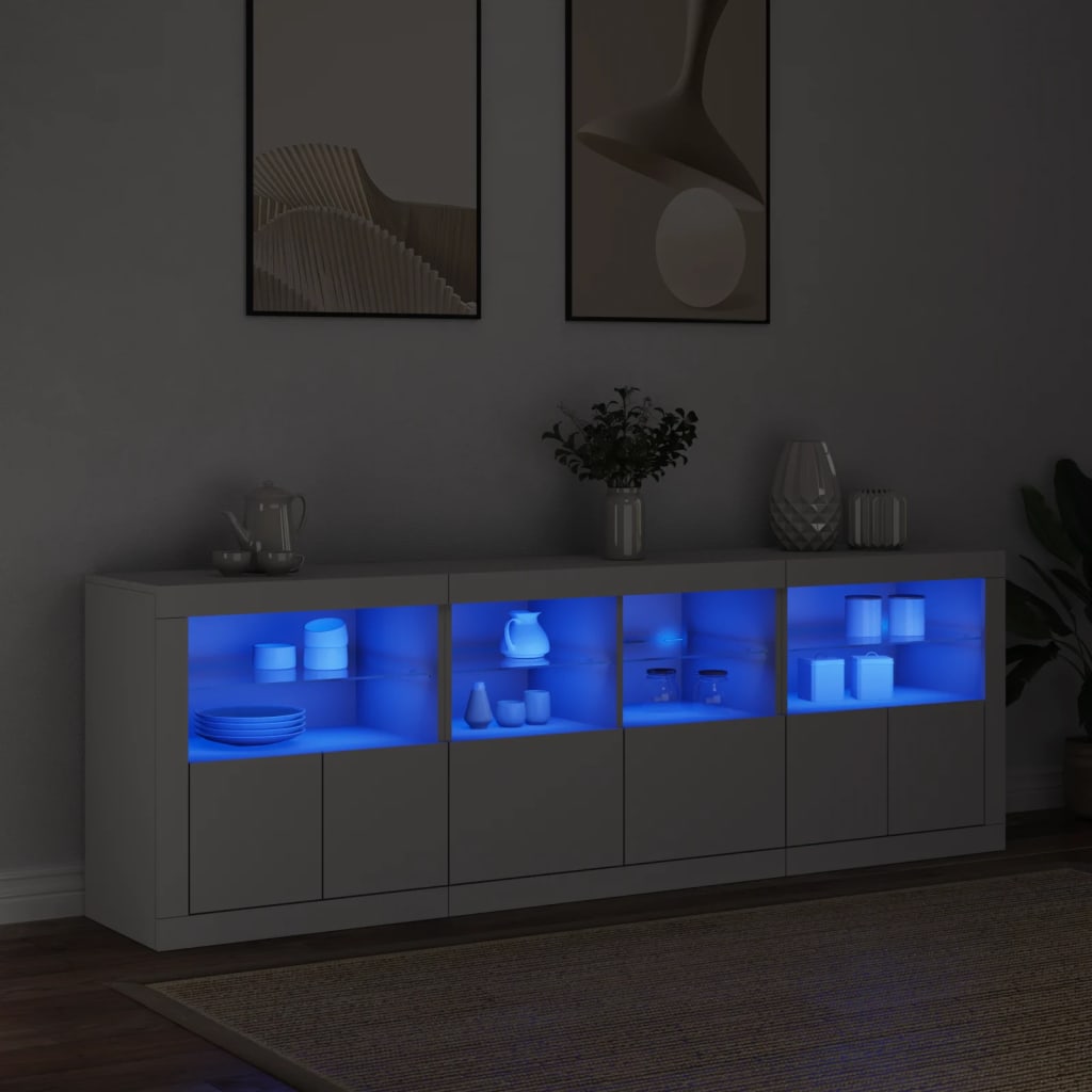 Credenza con Luci LED-Buffet-Armadio da cucina Bianca 202x37x67 cm