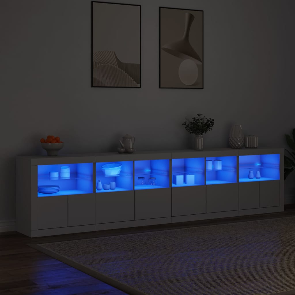 Credenza con Luci LED-Buffet-Armadio da cucina Bianca 283x37x67 cm