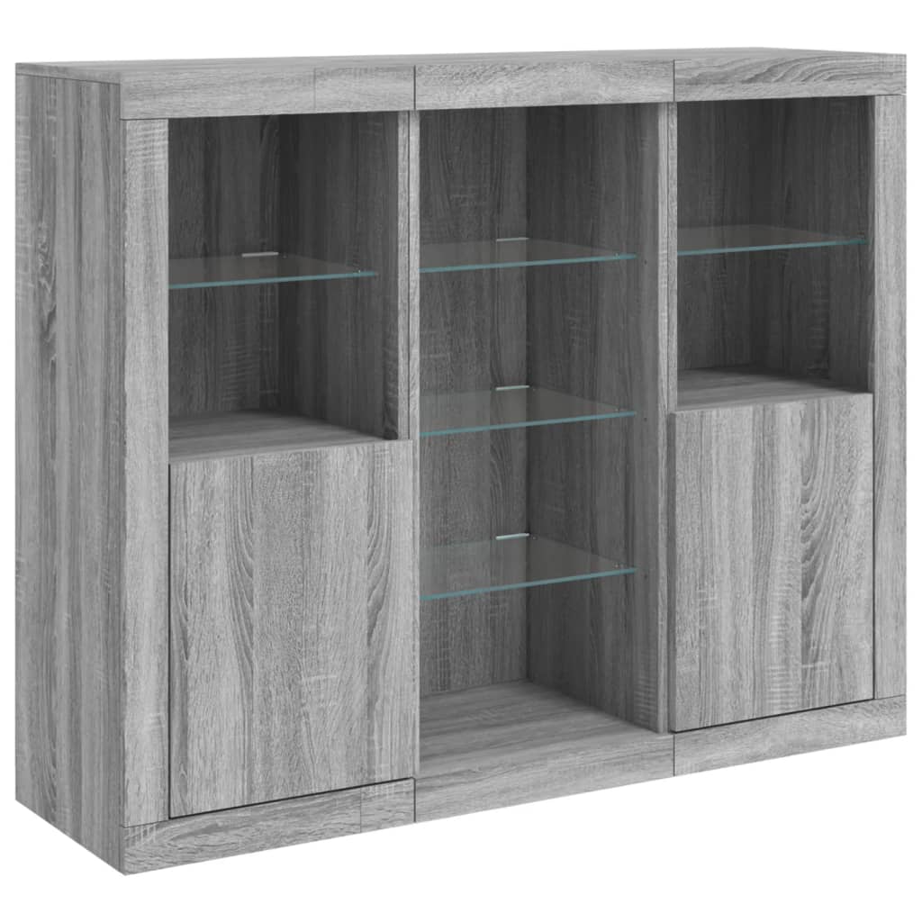 Credenza Credenza Comò Armadietto Organizzatore Cucina Soggiorno Soggiorno con luci a LED 3 pezzi Legno ingegnerizzato Sonoma Grigio 02_0037232