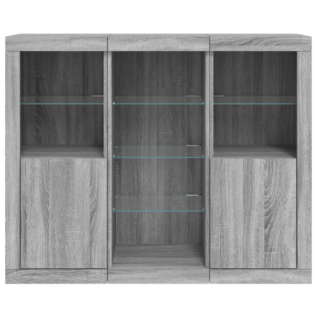 Credenza Credenza Comò Armadietto Organizzatore Cucina Soggiorno Soggiorno con luci a LED 3 pezzi Legno ingegnerizzato Sonoma Grigio 02_0037232