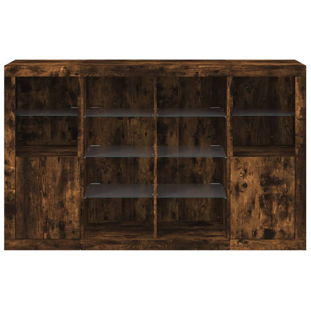 Credenze con Luci LED 3 pz Rovere Fumo in Legno Multistrato 3209139