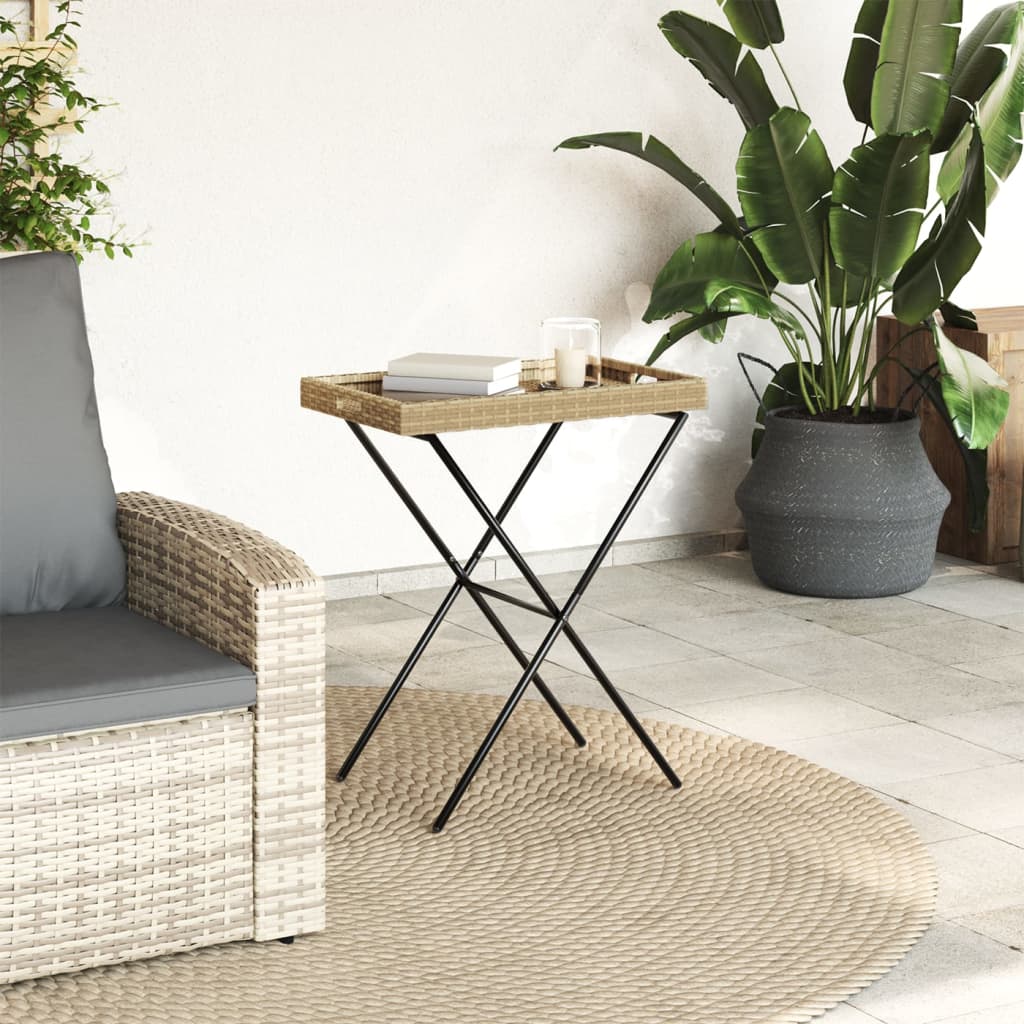 Tavolino-Tavolino da Soggiorno Vassoio Pieghevole Beige 65x40x75 cm in Polyrattan