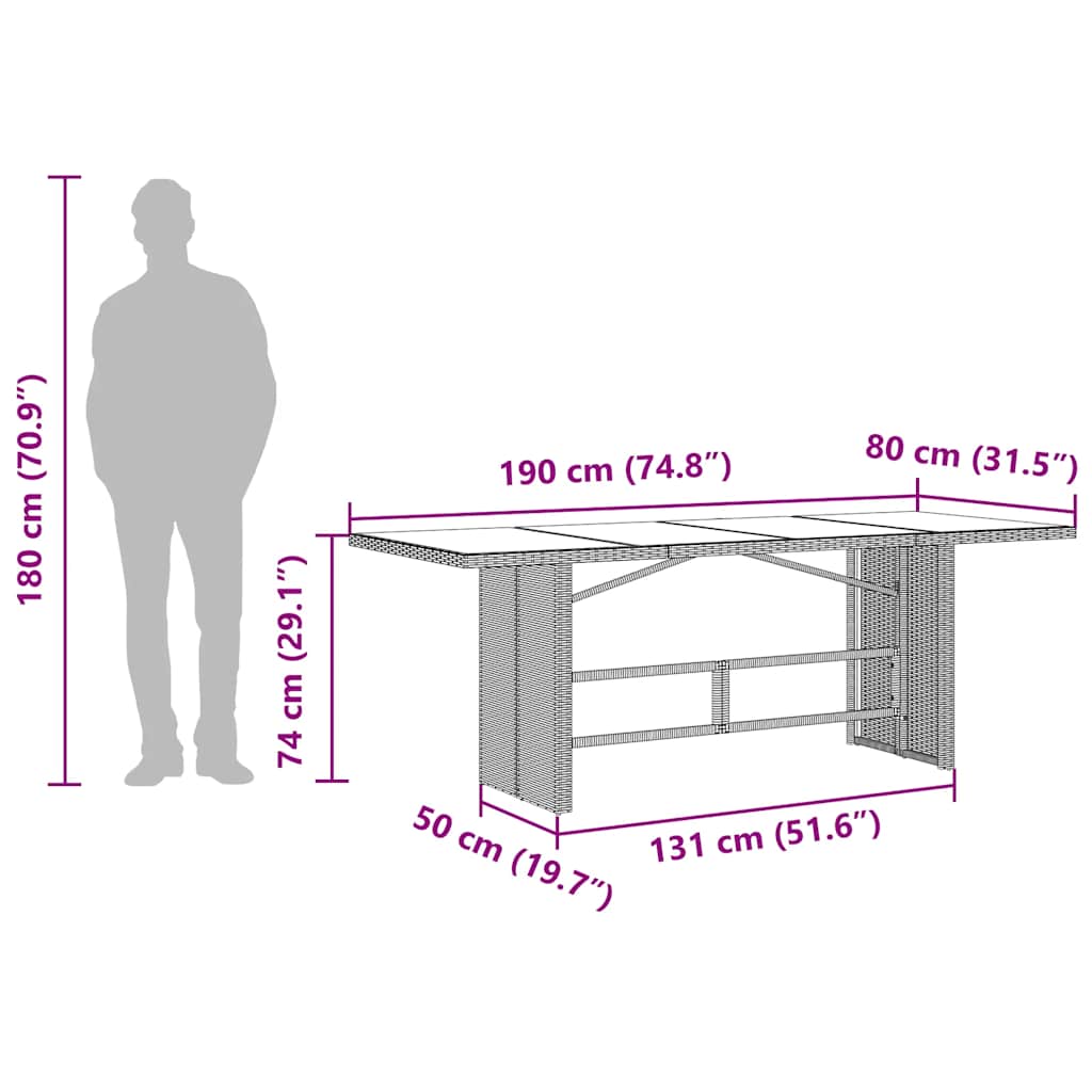 Tavolo da Giardino Piano in Vetro Nero 190x80x74 cm Polyrattan 365304
