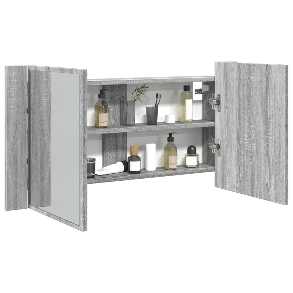 Armadietto a Specchio con LED Grigio Sonoma 90x12x45cm Acrilico 834968