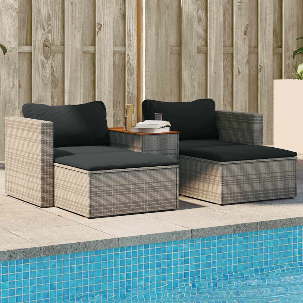 Set Divano Giardino 5 pz con Cuscini-Sofa da Giardino-Divanetto da esterno Grigio Polyrattan Acacia 154688