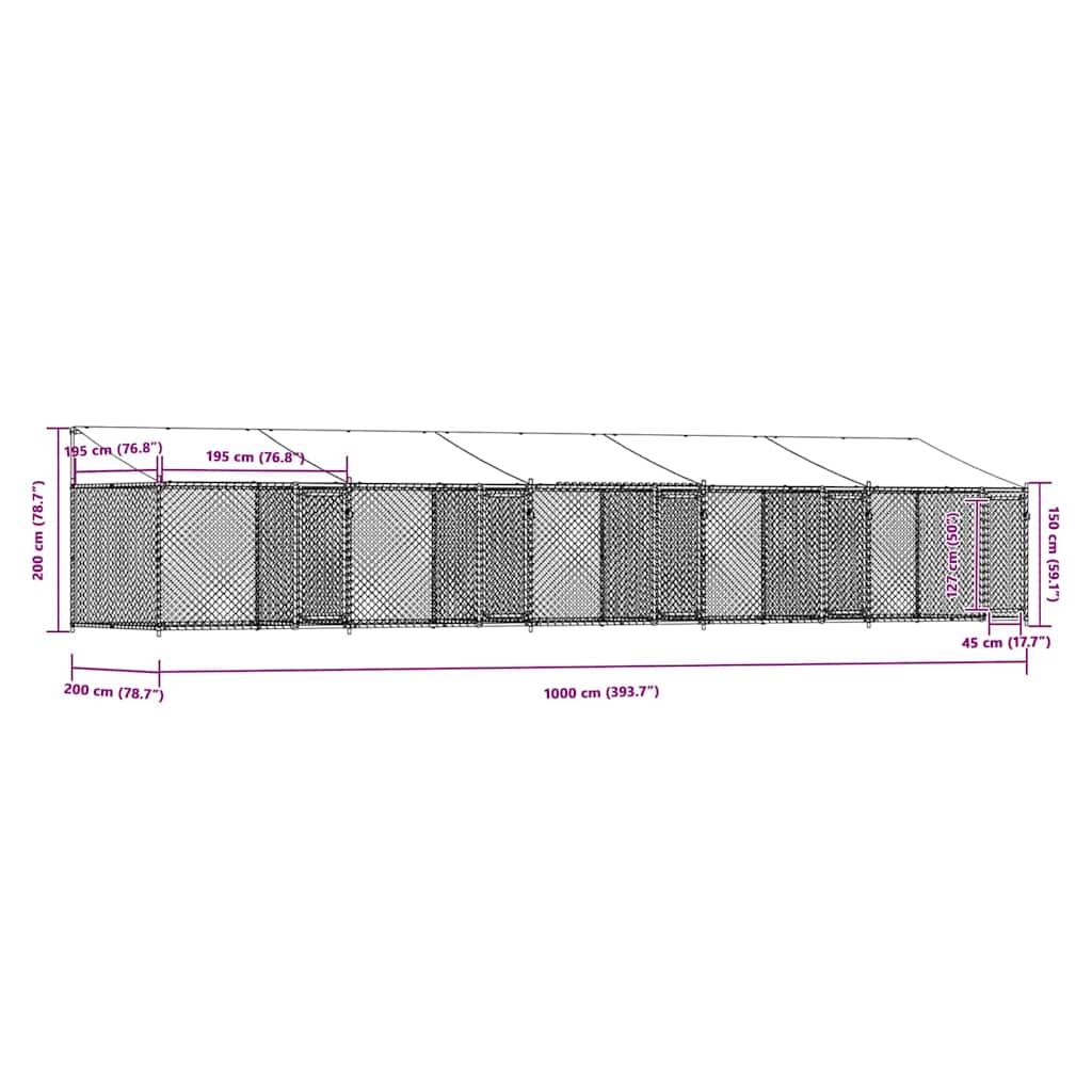 Gabbia Cani con Tetto e Porte Grigia 10x2x2 m Acciaio Zincato 3209566