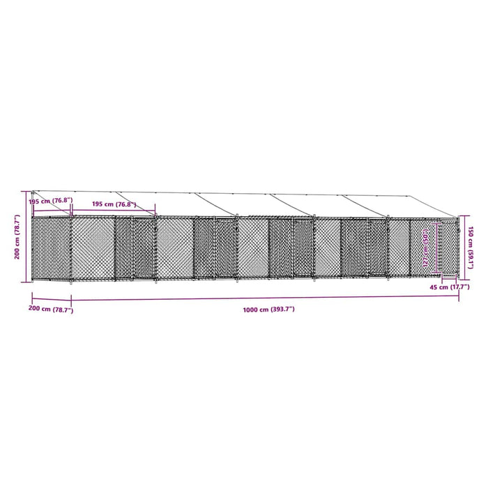 Gabbia Cani con Tetto e Porte Grigia 10x2x2 m Acciaio Zincato 3209566