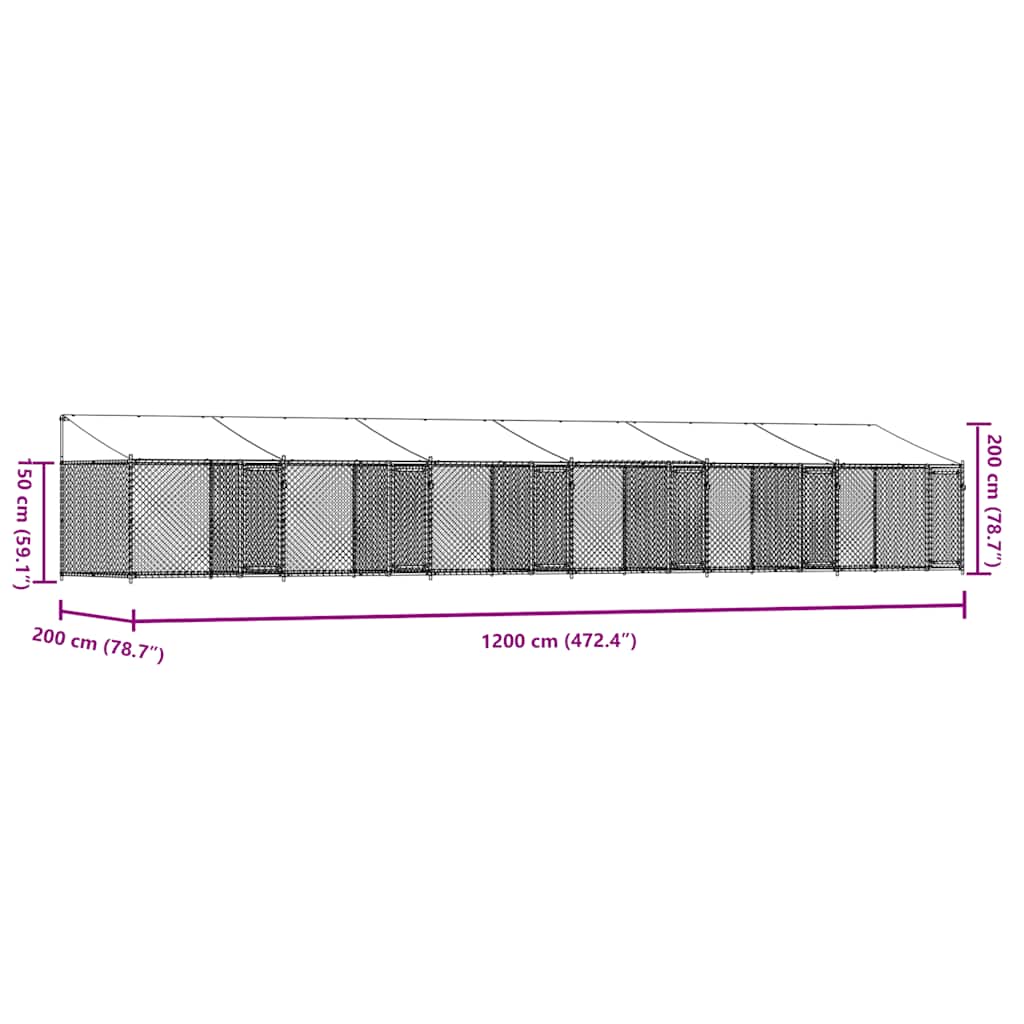 Gabbia Cani con Tetto e Porte Grigia 12x2x2 m Acciaio Zincato 3209567