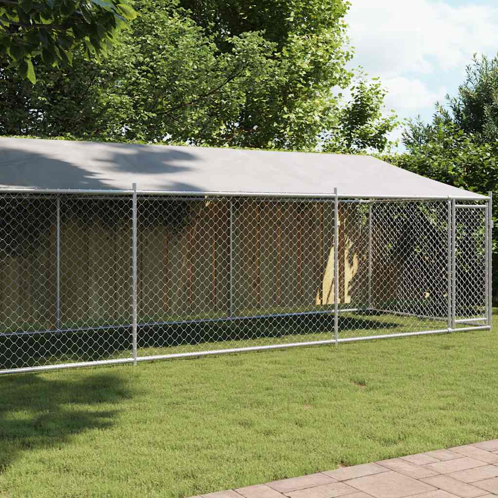 Gabbia Cani con Tetto e Porta Grigia 8x2x2 m in Acciaio Zincato 3209570