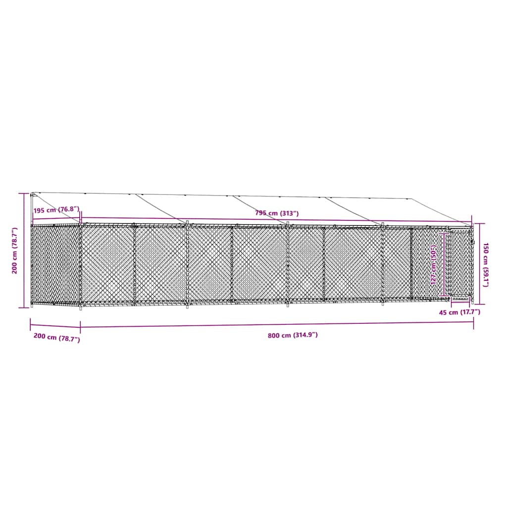 Gabbia Cani con Tetto e Porta Grigia 8x2x2 m in Acciaio Zincato 3209570