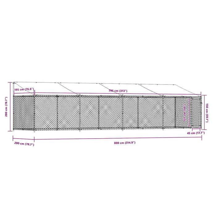 Gabbia Cani con Tetto e Porta Grigia 8x2x2 m in Acciaio Zincato 3209570
