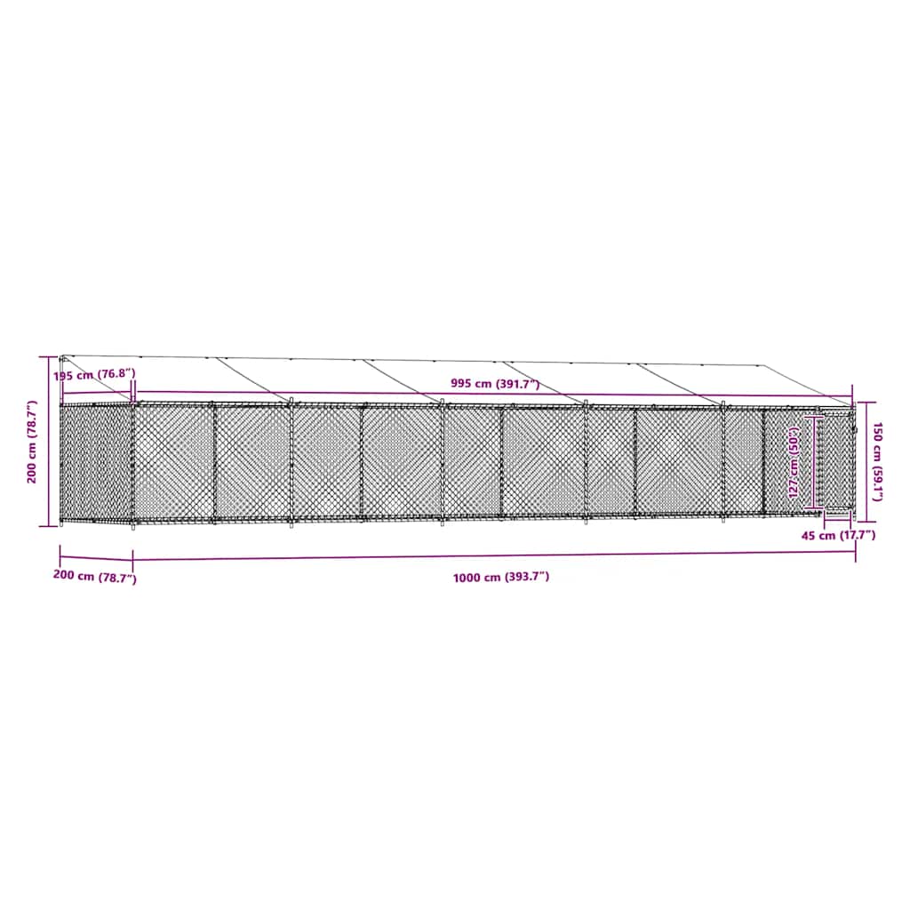 Gabbia Cani con Tetto e Porta Grigia 10x2x2 m Acciaio Zincato 3209571