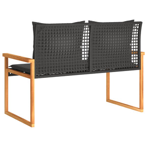 Panca da Giardino con Cuscino Nera in Polyrattan e Legno Acacia