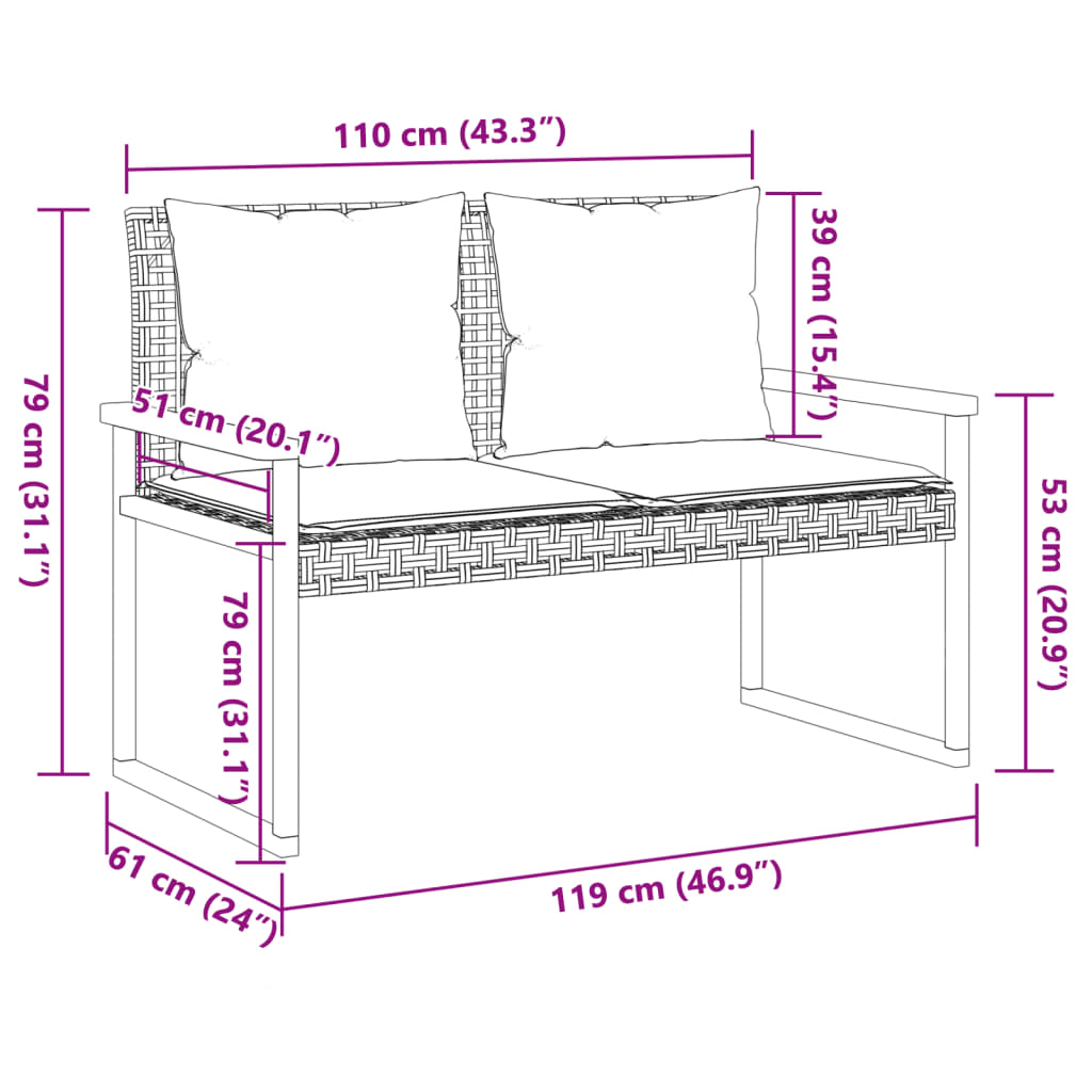 Panca da Giardino con Cuscino Nera in Polyrattan e Legno Acacia