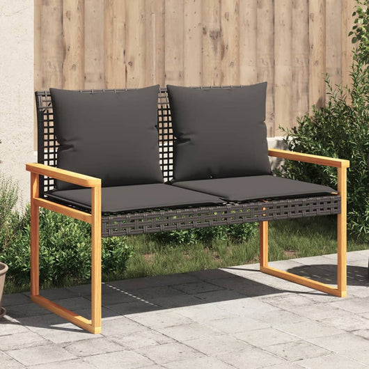 Panca da Giardino con Cuscino Nera in Polyrattan e Legno Acacia 365862