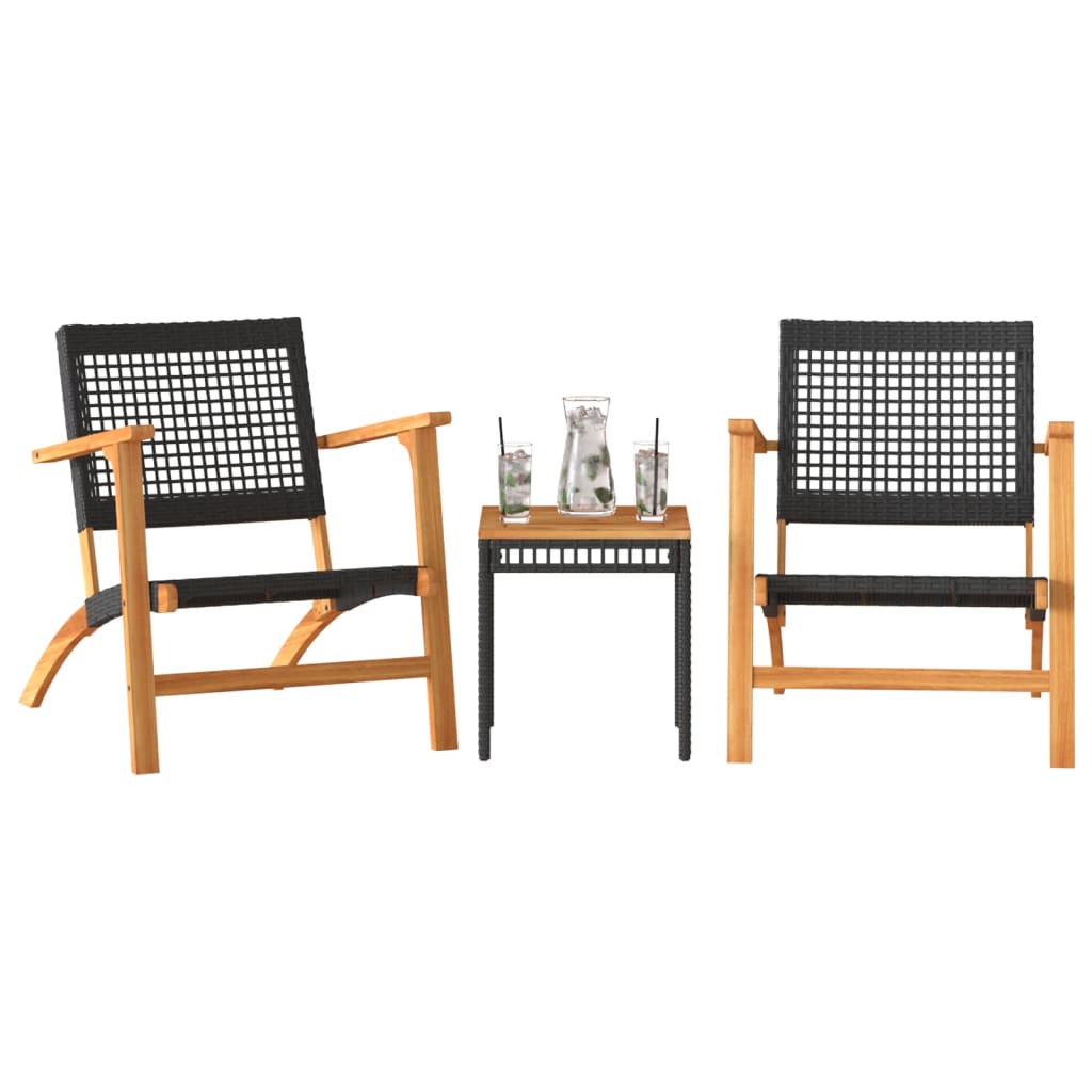 Set da Bistrot 3 pz Nero in Polyrattan e Legno Massello Acacia 365866
