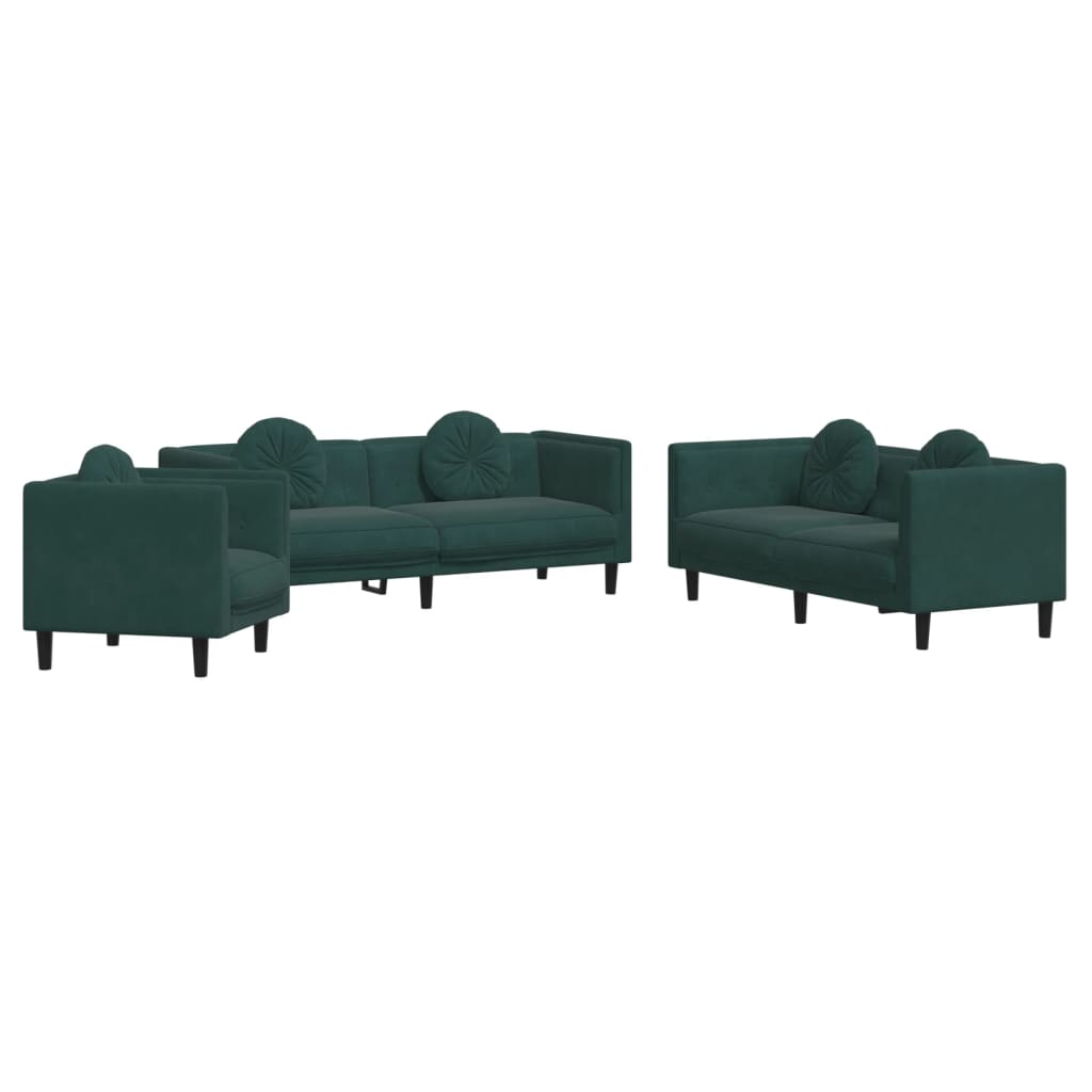 Set di Divani 3 pz con Cuscini Verde Scuro in Velluto