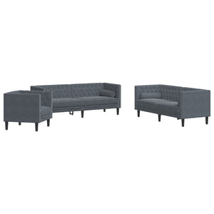 vidaXL Set Divani Chesterfield 3pz con Cuscini Grigio Scuro Velluto