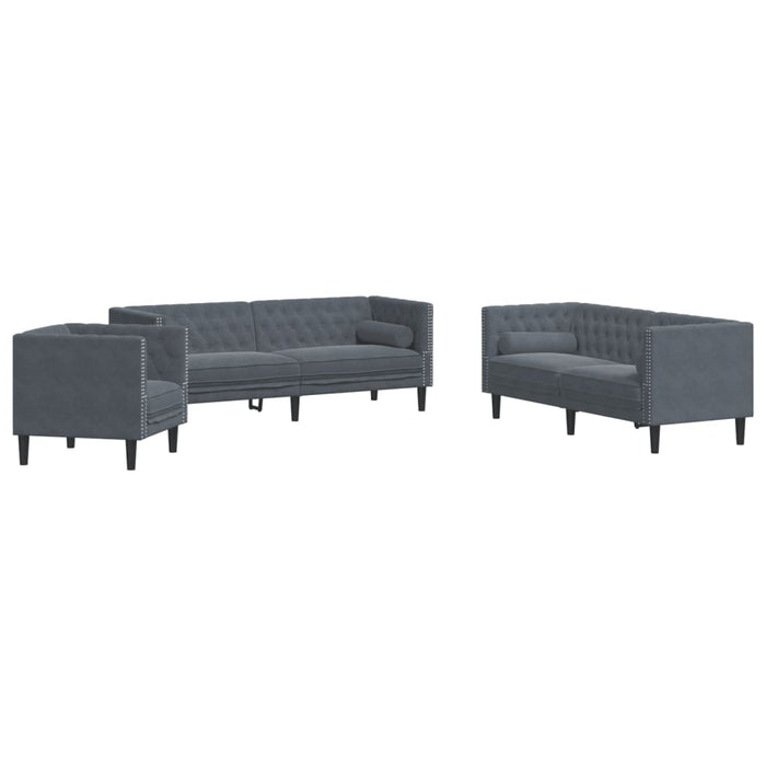 vidaXL Set Divani Chesterfield 3pz con Cuscini Grigio Scuro Velluto