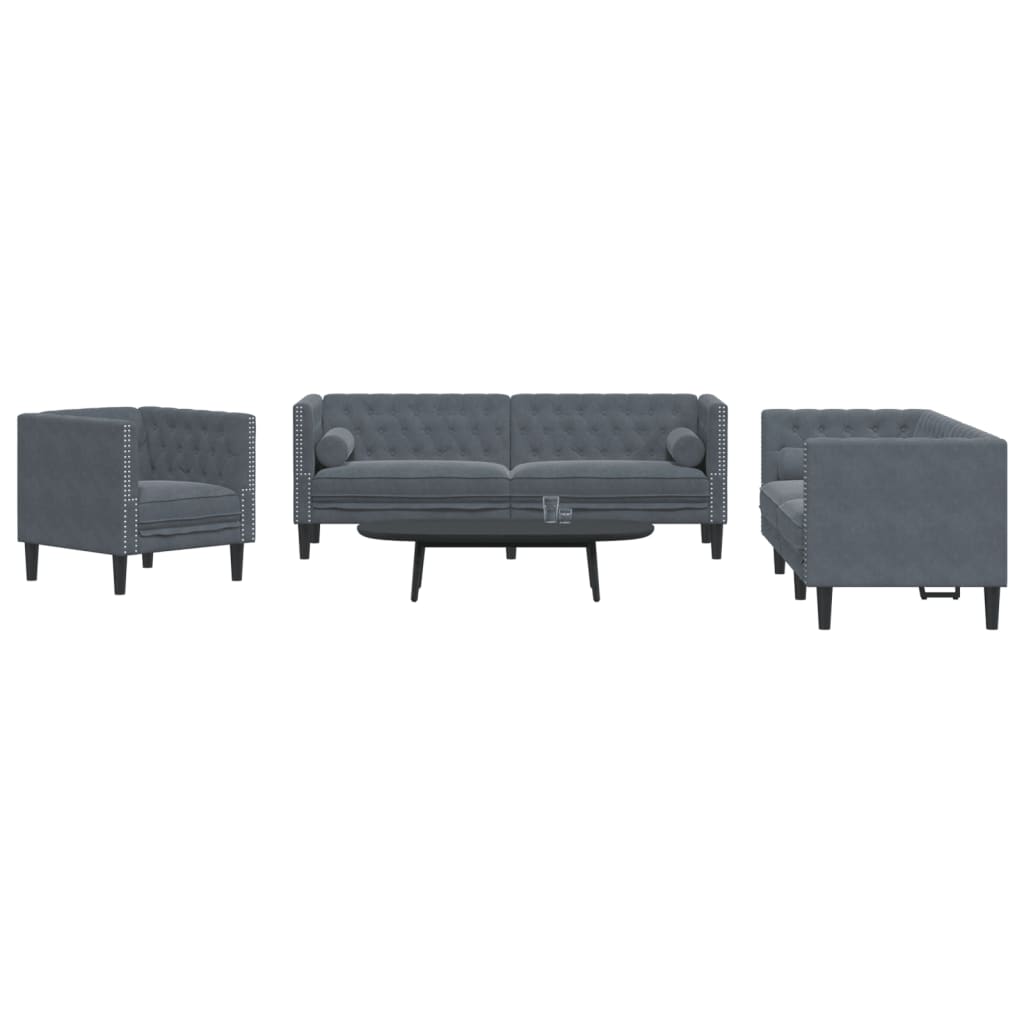 vidaXL Set Divani Chesterfield 3pz con Cuscini Grigio Scuro Velluto