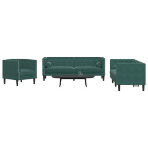 vidaXL Set Divani Chesterfield 3pz con Cuscini Verde Scuro Velluto